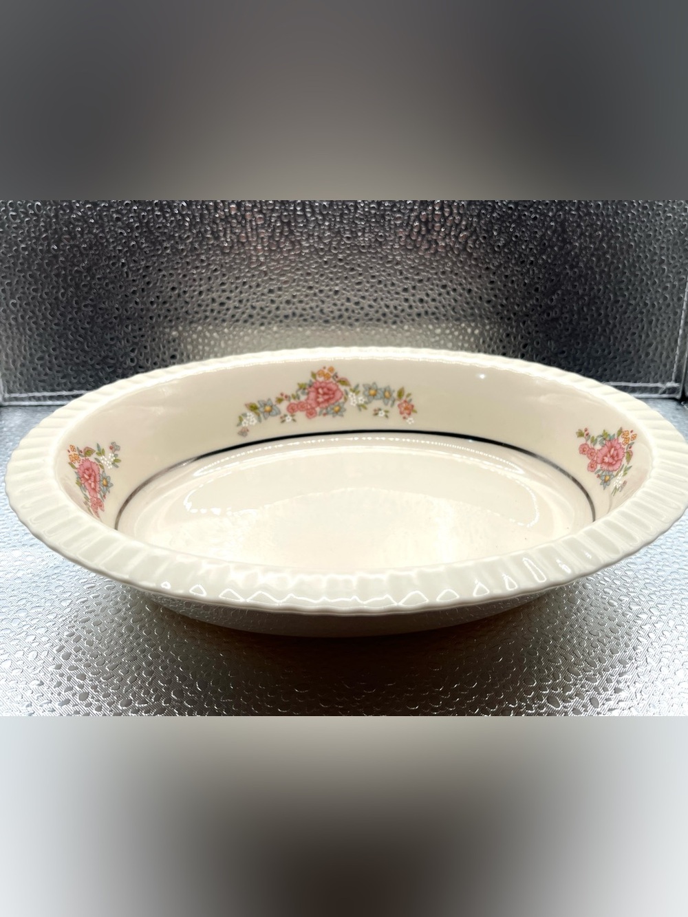 LENOX SACHET Oval Serving Bowl w/ Floral Rim & Platinum Silver Trim - 9.5